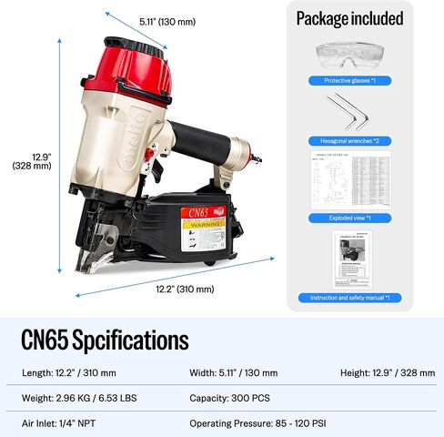 meite CN65 Coil Nailer 15 Degree Pneumatic Nail Gun for 1-1/2" to 2-1/2" | Heavy-duty Wire-weld Collated Coil Nailer, 300rd Mag, Depth Adjust, Hardwood Pallets Decking Sheathing Subflooring Fencing in Kuwait