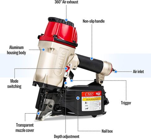 meite CN65 Coil Nailer 15 Degree Pneumatic Nail Gun for 1-1/2" to 2-1/2" | Heavy-duty Wire-weld Collated Coil Nailer, 300rd Mag, Depth Adjust, Hardwood Pallets Decking Sheathing Subflooring Fencing in Kuwait