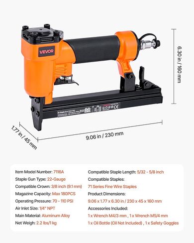 VEVOR Pneumatic Staple Gun, 22 Gauge Pneumatic Upholstery Stapler for 71 Series Fine Wire Staples 3/8-inch Crown 5/32"-5/8" Length, 70-110 PSI Air Staple Gun for Woodworking, Upholstering, DIY Project in Kuwait