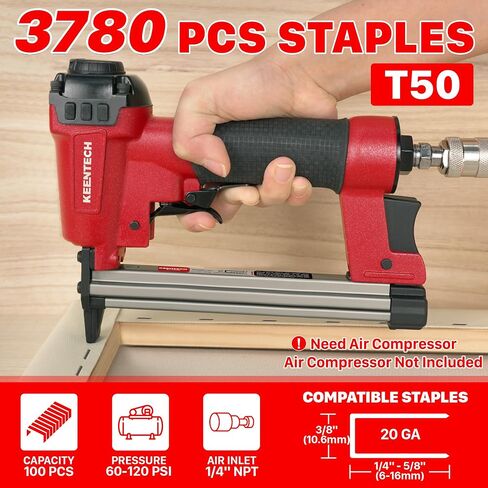 KEENTECH Pneumatic Staple Gun 20 Gauge, T50 Upholstery Staple Gun with 3780pcs 3/8" Crown Staples 1/4"-5/8", Ready-to-Use Air Staple Gun Set with Safety Trigger for Wood, Upholstery, Fabric, Leather in Kuwait