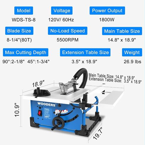 8-1/4-Inch Table Saw, 15-Amp 5500 RPM Motor, Heavy-Duty 80T Blade | Compact Woodworking Saw with Extendable Cast-Iron Table, 0-45° Bevel & Rip Fence, Ergonomic & Easy to Use for Home DIY in Kuwait