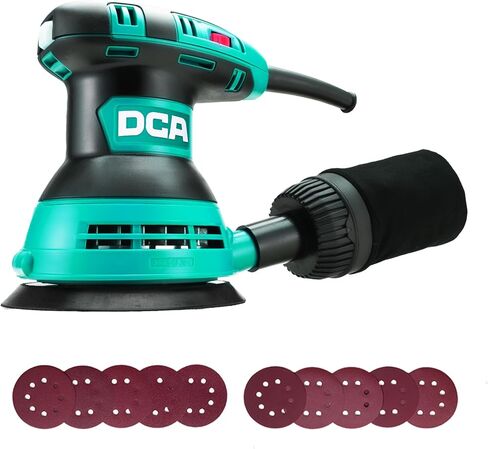 DCA Random Orbital Sander, 3.0 AMP Corded Palm Sander, 6 Speeds Max 12,000 OPM, 5-Inch with 10 pcs Sandpapers, Dust Bag, Low Vibration for Woodworking, Decoration Furniture (ASA125) in Kuwait