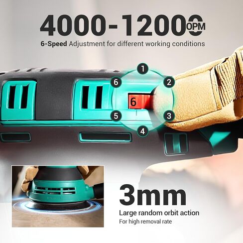 DCA Random Orbital Sander, 3.0 AMP Corded Palm Sander, 6 Speeds Max 12,000 OPM, 5-Inch with 10 pcs Sandpapers, Dust Bag, Low Vibration for Woodworking, Decoration Furniture (ASA125) in Kuwait