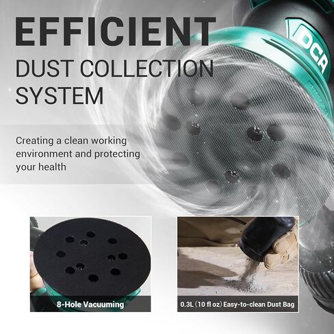 DCA Random Orbital Sander, 3.0 AMP Corded Palm Sander, 6 Speeds Max 12,000 OPM, 5-Inch with 10 pcs Sandpapers, Dust Bag, Low Vibration for Woodworking, Decoration Furniture (ASA125) in Kuwait