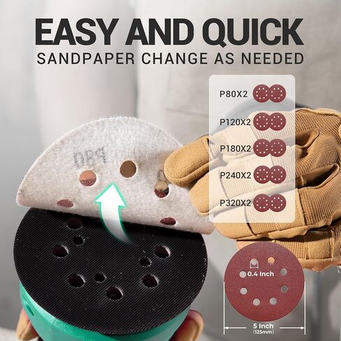 DCA Random Orbital Sander, 3.0 AMP Corded Palm Sander, 6 Speeds Max 12,000 OPM, 5-Inch with 10 pcs Sandpapers, Dust Bag, Low Vibration for Woodworking, Decoration Furniture (ASA125) in Kuwait