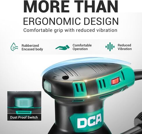 DCA Random Orbital Sander, 3.0 AMP Corded Palm Sander, 6 Speeds Max 12,000 OPM, 5-Inch with 10 pcs Sandpapers, Dust Bag, Low Vibration for Woodworking, Decoration Furniture (ASA125) in Kuwait