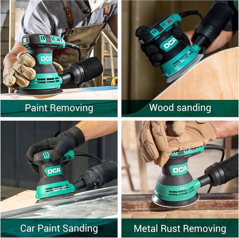 DCA Random Orbital Sander, 3.0 AMP Corded Palm Sander, 6 Speeds Max 12,000 OPM, 5-Inch with 10 pcs Sandpapers, Dust Bag, Low Vibration for Woodworking, Decoration Furniture (ASA125) in Kuwait