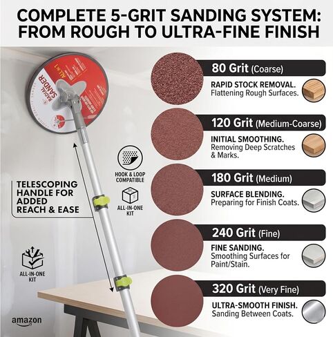 Aluminum Extendable Pole Sander & 10-Pack Sandpaper | 360° Swivel Head & Silicone Edge Telescopic Foam Grip 10-Pack Sandpaper Assortment in Kuwait