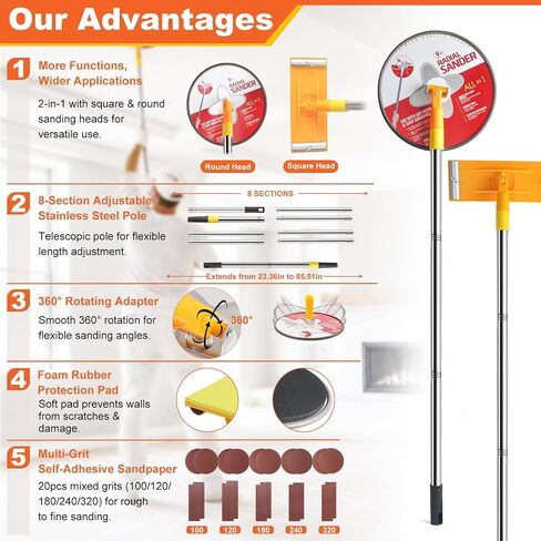 Drywall Pole Sander Kit，85" Manual Hand Drywall Sander with Extension Pole，Wall Sander for Painting Prep，Complete with 2 Sanding Heads and 20 Sandpaper Sheets (100, 120, 180, 240, 320 Grit) in Kuwait