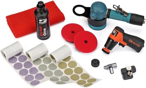 Dynabrade AKD05 2-Step Denibbing Kit — DN1 Pistol Grip Mini Orbital Sander (1-1/4", 8500 RPM) & 57126 Dynabuffer 3" Random Orbital Polisher with DynaOne Compound, Pad, Sandpaper & Microfiber in Kuwait