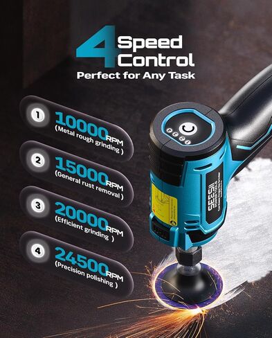 SEESII 1/4" Right Angle Die Grinder Kit, Cordless Brushless Electric Grinder w/ 2 Batteries & 23PCS 2“ Accessories, 4-Speed, Max 24500 RPM, LED Work Light, Lightweight for Grinding Deburring Engraving in Kuwait