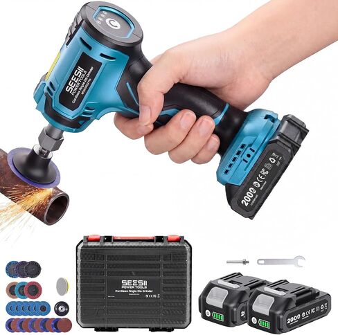 SEESII 1/4" Right Angle Die Grinder Kit, Cordless Brushless Electric Grinder w/ 2 Batteries & 23PCS 2“ Accessories, 4-Speed, Max 24500 RPM, LED Work Light, Lightweight for Grinding Deburring Engraving in Kuwait