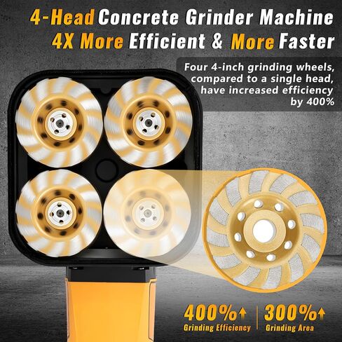 4-Head Concrete Grinder Machine with Handle & Auxiliary Wheels, 3800W Motor | 4* 4'' 3800W Concrete Floor Machine with 6-Speed Control, 6000RPM, Dust Extraction Shroud, Ideal for Cement Marble Granite in Kuwait
