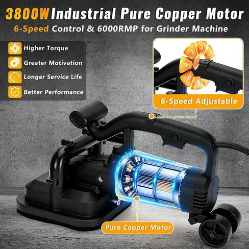 4-Head Concrete Grinder Machine with Handle & Auxiliary Wheels, 3800W Motor | 4* 4'' 3800W Concrete Floor Machine with 6-Speed Control, 6000RPM, Dust Extraction Shroud, Ideal for Cement Marble Granite in Kuwait