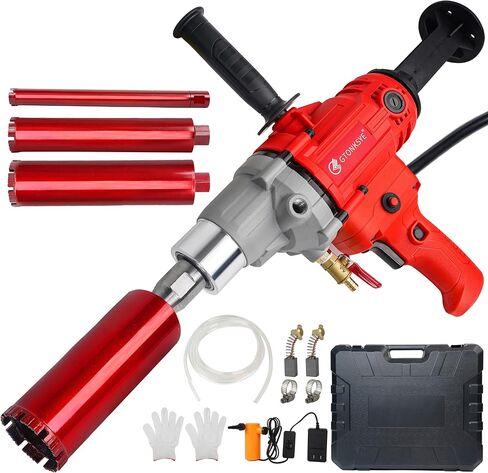 Diamond Core Drill Machine, Handheld Dry and Wet Core Drill Rig, 1-1/4"Threaded Shaft, Equipped with Wet Drill Bits 1.25", 2.5", 3.25",4"and Water Pump Set, for Concrete Bricks and Stones in Kuwait