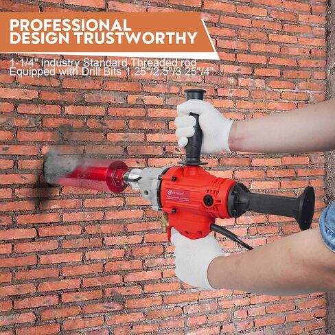 Diamond Core Drill Machine, Handheld Dry and Wet Core Drill Rig, 1-1/4"Threaded Shaft, Equipped with Wet Drill Bits 1.25", 2.5", 3.25",4"and Water Pump Set, for Concrete Bricks and Stones in Kuwait