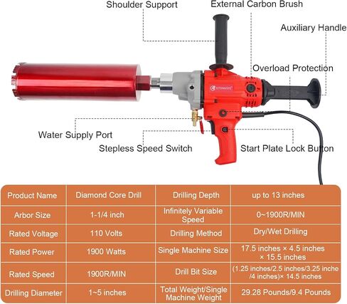 Diamond Core Drill Machine, Handheld Dry and Wet Core Drill Rig, 1-1/4"Threaded Shaft, Equipped with Wet Drill Bits 1.25", 2.5", 3.25",4"and Water Pump Set, for Concrete Bricks and Stones in Kuwait
