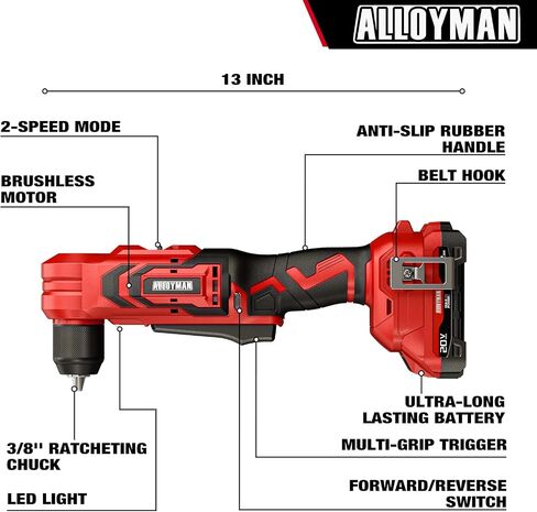 Alloyman 20V Brushless Right Angle Drill with 2 * 2.0Ah Battery & Charger, 3/8" Cordless Angle Drill with Compact Design & Variable Speed, featuring an LED Light for Screws/Drilling in Kuwait