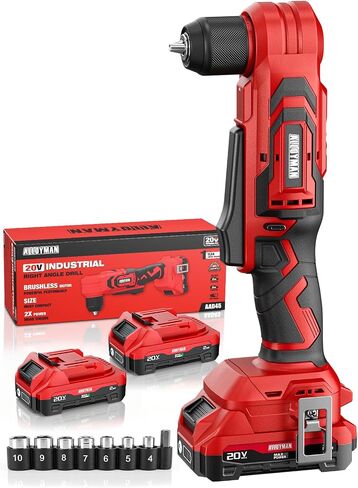 Alloyman 20V Brushless Right Angle Drill with 2 * 2.0Ah Battery & Charger, 3/8" Cordless Angle Drill with Compact Design & Variable Speed, featuring an LED Light for Screws/Drilling in Saudi Arabia