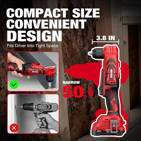 Alloyman 20V Brushless Right Angle Drill with 2 * 2.0Ah Battery & Charger, 3/8" Cordless Angle Drill with Compact Design & Variable Speed, featuring an LED Light for Screws/Drilling in Saudi Arabia
