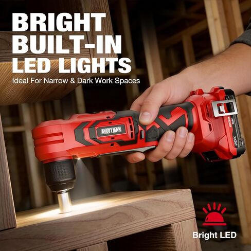 Alloyman 20V Brushless Right Angle Drill with 2 * 2.0Ah Battery & Charger, 3/8" Cordless Angle Drill with Compact Design & Variable Speed, featuring an LED Light for Screws/Drilling in Saudi Arabia