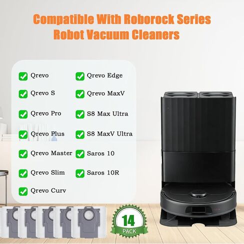 14-pack of QRevo dust bags, compatible with Roborock QV35A/QV35S, Qrevo S5V, Saros 20/10/10R/Z70, S8 MaxV/Max Ultra, Qrevo MaxV, and Qrevo S robot vacuums, 3-liter capacity in Kuwait