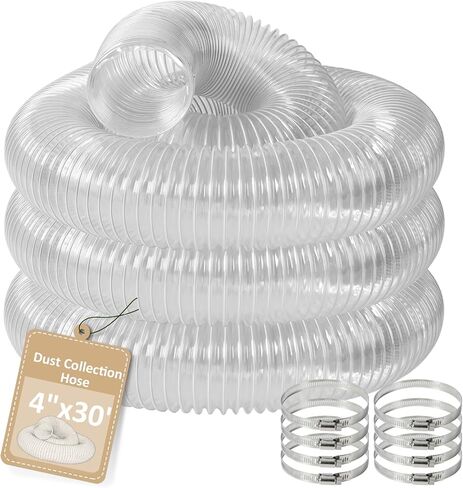 4" x 30' PVC Dust Collection Hose with 8 Hose Clamps, Puncture Resistant Clear Flexible PVC Dust Collector Vacuum Hose with Carbon Steel Wire for Woodworking Dust Collection System in Kuwait