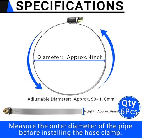 Hose Clamps,6 Pack 4 Inch Stainless Steel dryer vent clamp,Adjustable 3.5″ to 4.3″ Worm Gear Hose Clamps for Dust Collection, Dust Collector,Air Ducting,and Dryer Vent Hose in Kuwait