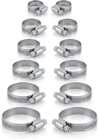 12PCS Stainless Steel Hose Clamp Set, Adjustable Worm Gear Metal Clamps Assortment Kit for Fuel Line, Plumbing, Automotive, Marine & HVAC, 6 Sizes 1/16"–1" in Kuwait