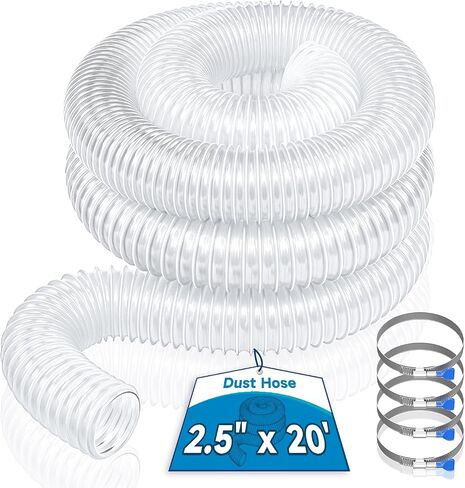 Hon&Guan 2 1/2" x 20' Dust Collection Hose, 2.5 Inch Flexible Clear PVC Dust Collector Hose with Carbon Steel Wire Woodworking Dust Collecting System, Includes 4 Hose Clamps in Saudi Arabia