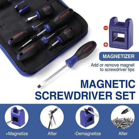 WORKPRO 10-Piece Magnetic Screwdriver Set with Pouch | Phillips, Slotted, Flat Head Screwdriver Include Magnetizer, Screwdriver with Non-Slip Grip, for Home Repair and DIY Projects in Kuwait