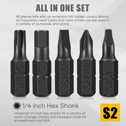 49-Pack Screwdriver Bit Set, Hex Head Drill Bit Set, Torx Square Slotted Phillips Bit Set with 1/4" Bit Holder, 1/4 Hex Shank, S2 Steel, 1"Long in Kuwait