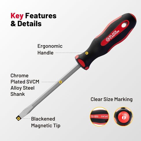 BLACK CANYON 4-Piece Slotted Screwdriver Set(1/8 to 3/8), Flat Head Screwdriver Set with CR-V Steel Blade, Heavy Duty Flat Tip Screwdrivers, Ergonomic Non-Slip Handle for Home Repair, Automotive & DIY in Kuwait
