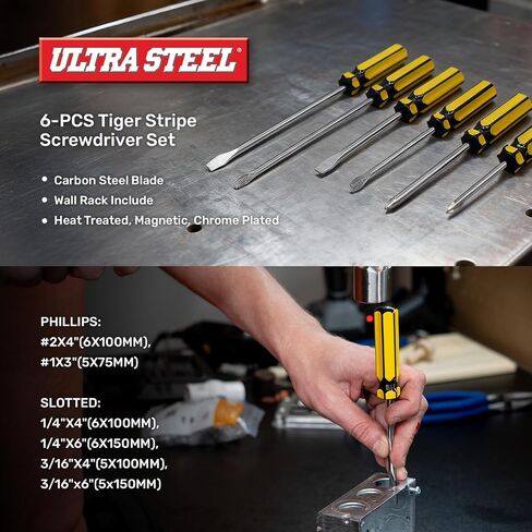 6PC Screwdriver Set, Wall Rack, Tiger Stripe Handle | Carbon Blade, Magnetic, Chrome Plated, Phillips and Slotted, DIY, Home, Repair, Electronics, Garage, Workshop, Precision in Kuwait