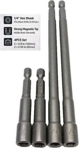 4PCS Nut Driver Set, 1/4" Hex Shank Impact Nut Setter Bit Set, 2 Long (6 Inch) + 2 Short (2.5 Inch), Quick Change Socket Driver for Drill Impact Driver in Kuwait