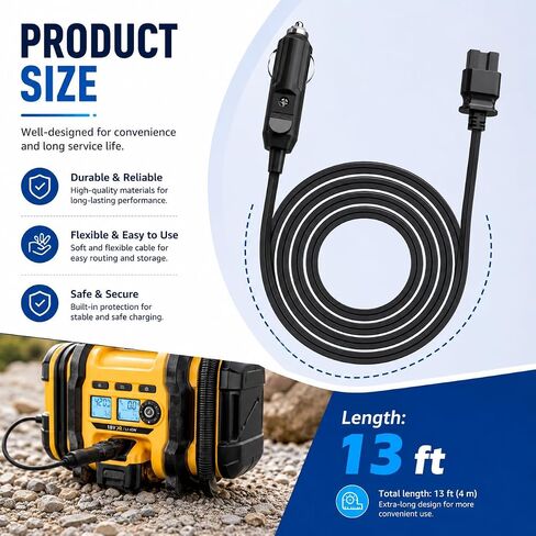 13FT N506585 12V DC Power Cord Compatible with DEWALT DCC020IB Tire Inflator, Replacement Car Cigarette Lighter Cable for Air Compressor Inflator, Cord Only in Kuwait
