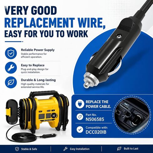 13FT N506585 12V DC Power Cord Compatible with DEWALT DCC020IB Tire Inflator, Replacement Car Cigarette Lighter Cable for Air Compressor Inflator, Cord Only in Kuwait