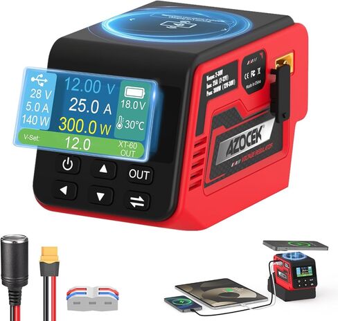 Azocek 300W Adjustable Voltage Regulator Compatible with Milwaukee 18V Battery (Battery Not Included), 2–30V DC Output, Up to 25A, 140W Type-C PD Fast Charging, 15W Wireless Charger, 1.9" LCD Display in Kuwait