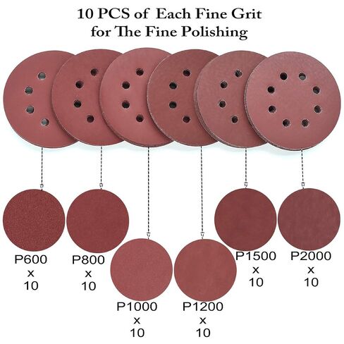 5-Inch 8-Hole Hook and Loop Sanding Discs Fine Mixed Grits, 60-Pack | 600/800/1000/1200/1500/2000 Fine Assorted Grit Sandpaper for 5 Inch Random Orbit Sander in Saudi Arabia