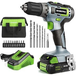 WORKPRO 20V Cordless Drill Driver Kit, 3/8'' Keyless Chuck, 2.0 Ah Li-ion Battery, 1 Hour Fast Charger and 11-inch Green Storage Bag Included in Kuwait