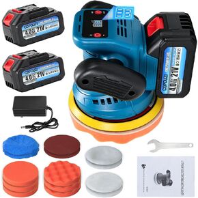 6 Inch Cordless Car Buffer Polisher Kit, 21V Pulidora Inalambrica With 2x4.0Ah Batteries, 18PCS Attachments & LED Display, Random Orbital for Car Detailing, Waxing, Scratch Removing in Kuwait
