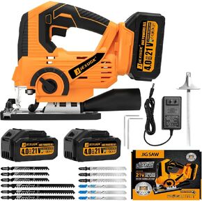 JEXUGK Cordless Jigsaw, 21V Power Jig Saw with 2 x 4.0Ah Batteries, 4 Orbital Settings, ±45° Bevel Cuts, 3200 RPM Variable Speed Jigsaw Tool with 12 Blades, Jigsaw Cutter for Wood Metal Cutting in Kuwait