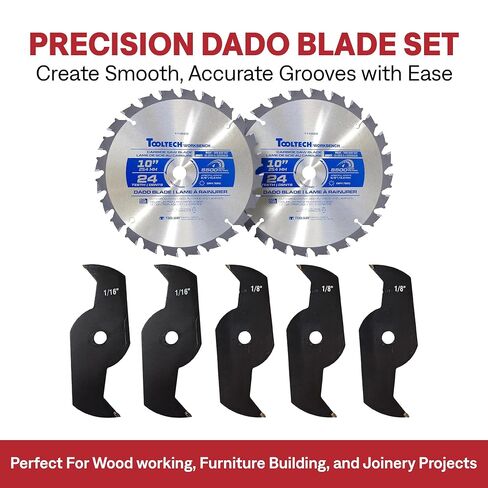 Tooltech 8 Inch Stacking Dado Blade Set for Table Saw, 24 Tooth Carbide Dado Blades, 23 Piece Adjustable Dado Set 1/4 to 13/16 Inch, 5/8 Inch Arbor 5500 RPM with Storage Case in Kuwait