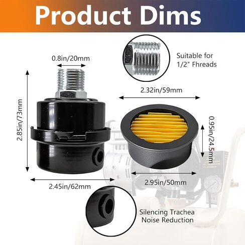 2 Pcs 1/2" Thread Air Compressor Silencer Filter, 20mm Metal Noise Muffler, Air Compressor Intake Filter Replacement, Fits Generators, Blowers, Exhaust Ports in Kuwait