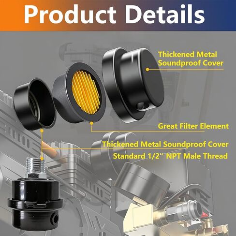 2 Pcs 1/2" Thread Air Compressor Silencer Filter, 20mm Metal Noise Muffler, Air Compressor Intake Filter Replacement, Fits Generators, Blowers, Exhaust Ports in Kuwait