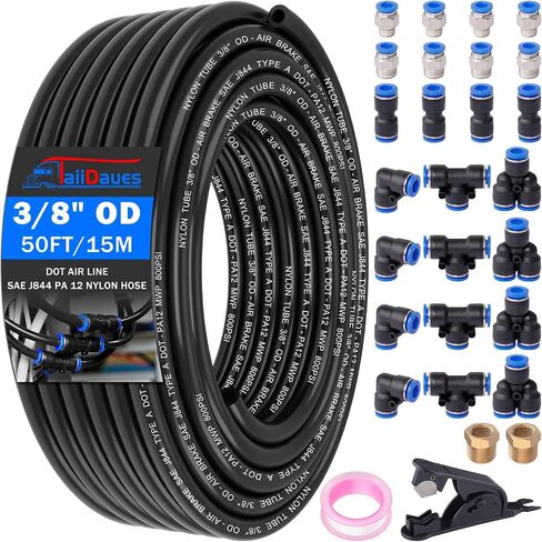 1/4" Air Line Tubing Kit,1/4" OD DOT Air Line 50 FT(15 m) SAE j844 PA Nylon Air Hose Tube and Push to Connect Fitting for Air Brake System Or Fluid Transfer,15 Pcs Compressed Accessories Kit in Kuwait