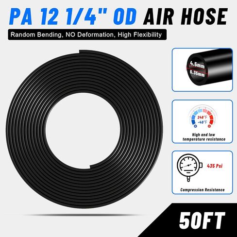 1/4" Air Line Tubing Kit,1/4" OD DOT Air Line 50 FT(15 m) SAE j844 PA Nylon Air Hose Tube and Push to Connect Fitting for Air Brake System Or Fluid Transfer,15 Pcs Compressed Accessories Kit in Saudi Arabia
