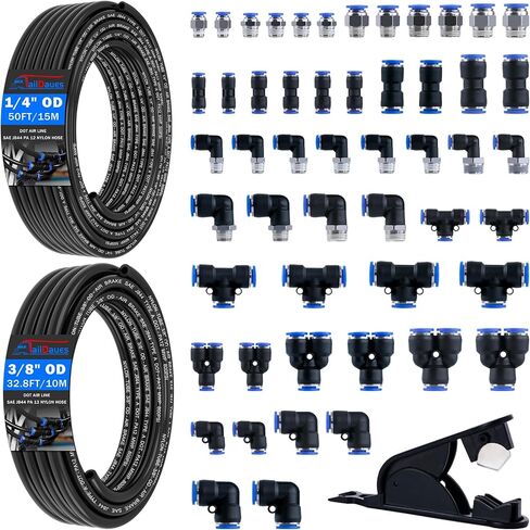 1/4" Air Line Tubing Kit,1/4" OD DOT Air Line 50 FT(15 m) SAE j844 PA Nylon Air Hose Tube and Push to Connect Fitting for Air Brake System Or Fluid Transfer,15 Pcs Compressed Accessories Kit in Saudi Arabia