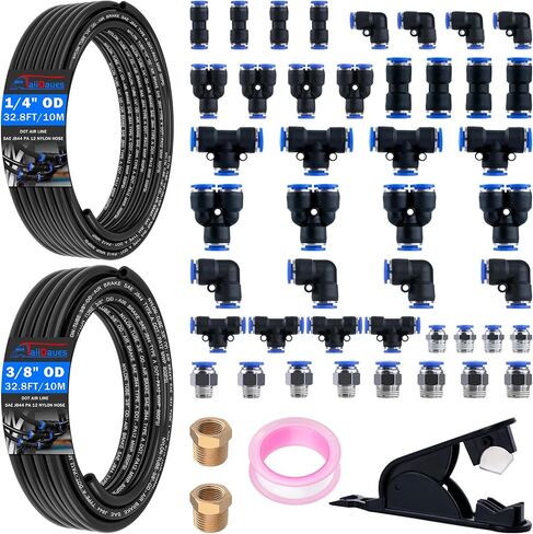 1/4" Air Line Tubing Kit,1/4" OD DOT Air Line 50 FT(15 m) SAE j844 PA Nylon Air Hose Tube and Push to Connect Fitting for Air Brake System Or Fluid Transfer,15 Pcs Compressed Accessories Kit in Saudi Arabia