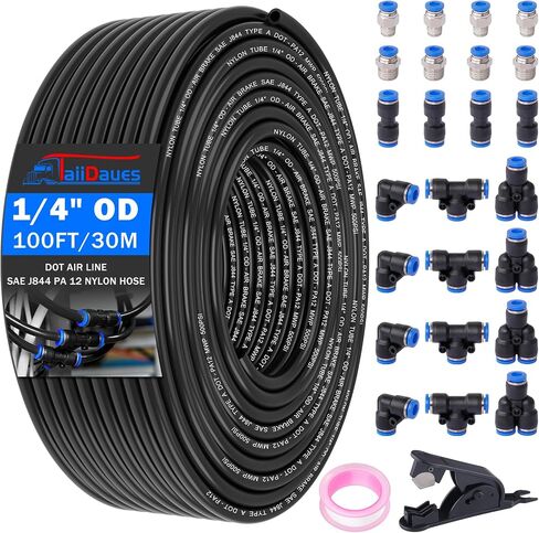 1/4" Air Line Tubing Kit,1/4" OD DOT Air Line 50 FT(15 m) SAE j844 PA Nylon Air Hose Tube and Push to Connect Fitting for Air Brake System Or Fluid Transfer,15 Pcs Compressed Accessories Kit in Saudi Arabia
